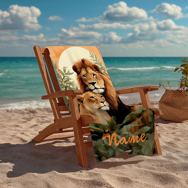 Custom Name Ultra-Soft Beach Towel with Lion Theme,Ideal for Pool - Camping, Diving - Perfect Travel Essential, Vibrant Beach Towel.