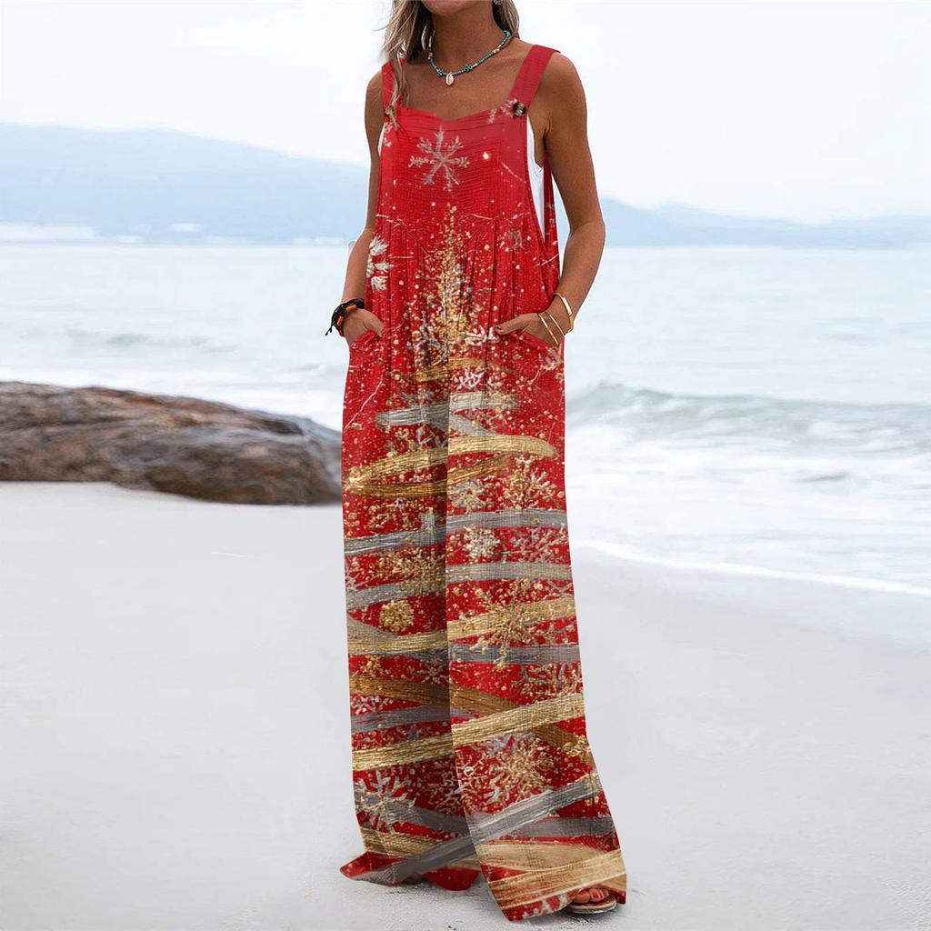 Women's Christmas Print Solid Wide Leg Strapless Tank Pocket Casual Onesie