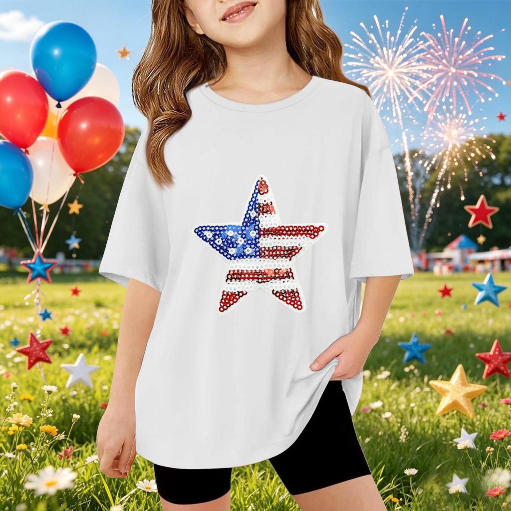 Kinder Kurzarm T-Shirt mit Sternenmuster Pailletten vorne Lässiges lockeres Oberteil für den Sommer Alltagsbekleidung