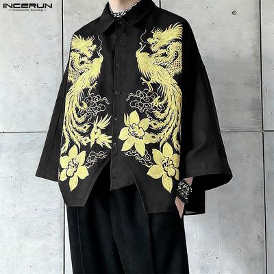 Summer Men Lapel Neck 3/4 Sleeve Print Irregular Casual Shirts