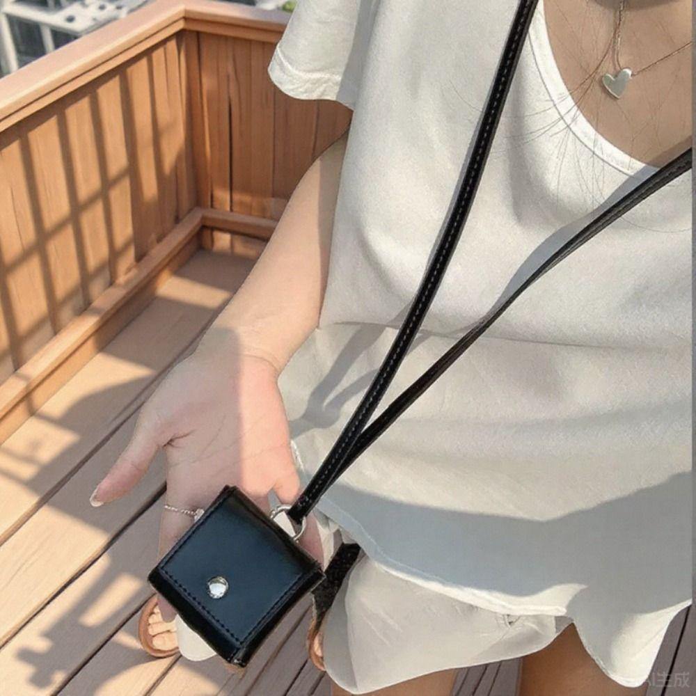 Portable Hanging Neck Headphone Bag Square PU Leather Lanyard Lipstick Bag Multifunctional Card Holder Small Coin Purse Women