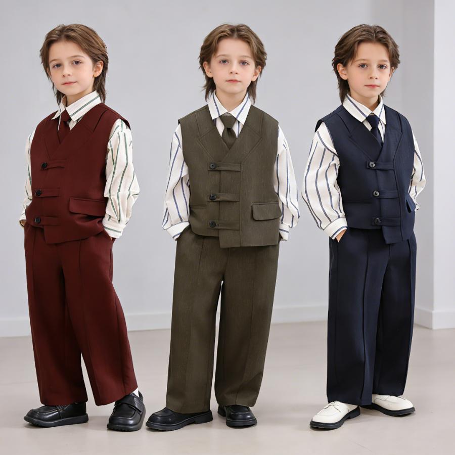 Boys Formal Suit Set 4 Piece School Kids Vest Shirt Pants Tie Gentleman Outfit for Wedding Party Birthday Photoshoot Performance 2-12Y