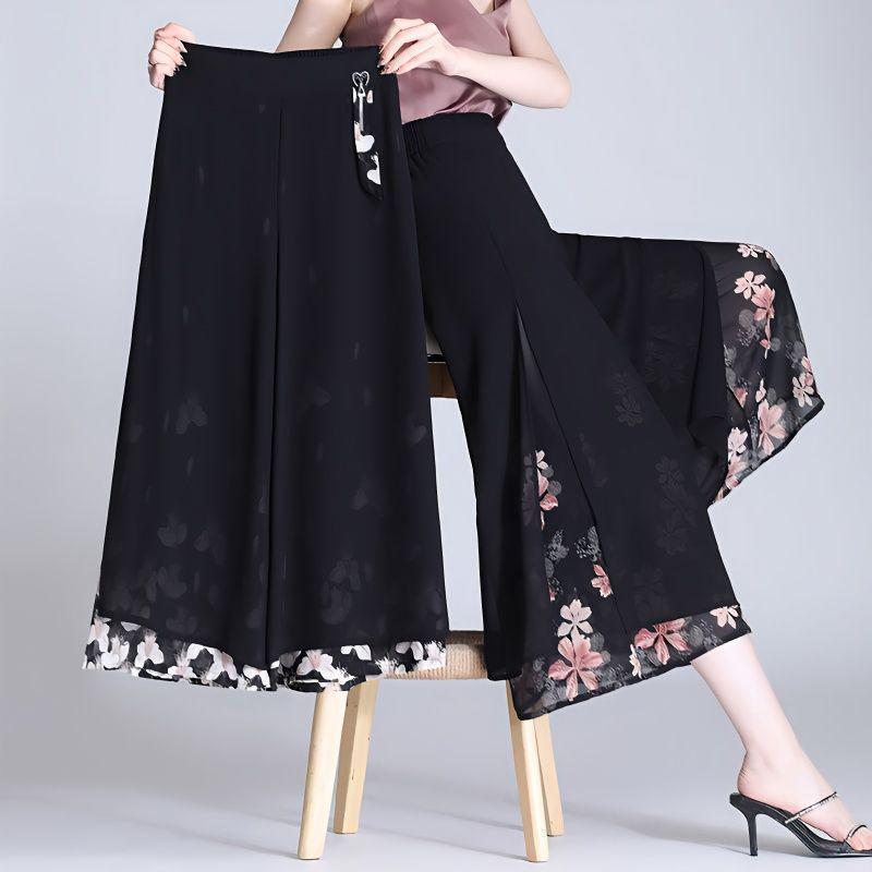 Damen 2026 Eis Seide Weiter Bein Chiffon Rockhose - Sommer Dünn Mittelalter Stil, Acht-Punkt Länge 2XL (suggested 125-135 jin) black