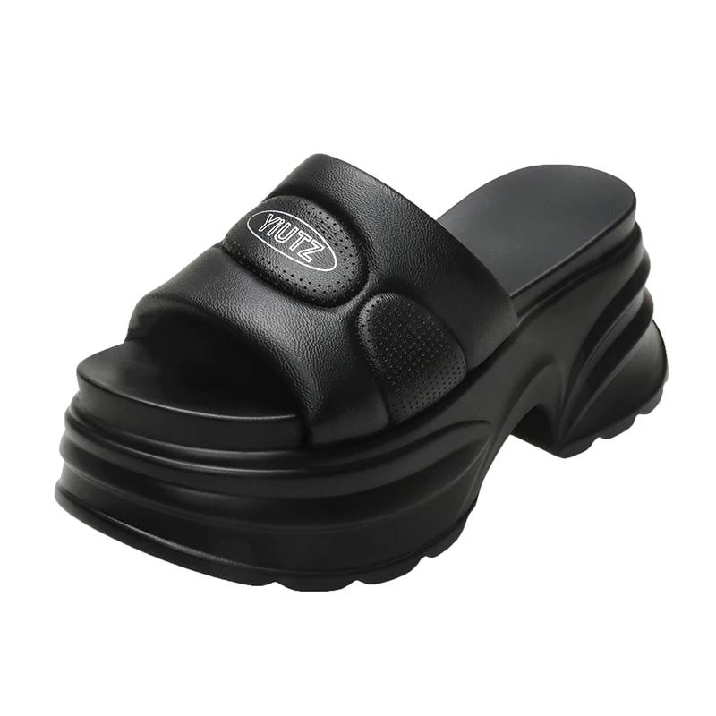 Fashion 8CM Fashion Platform High Slippers Women Open Toe Wedges Sandals Summer Soft Slipper Indoor Outdoor Leisure Beach Shoes Black