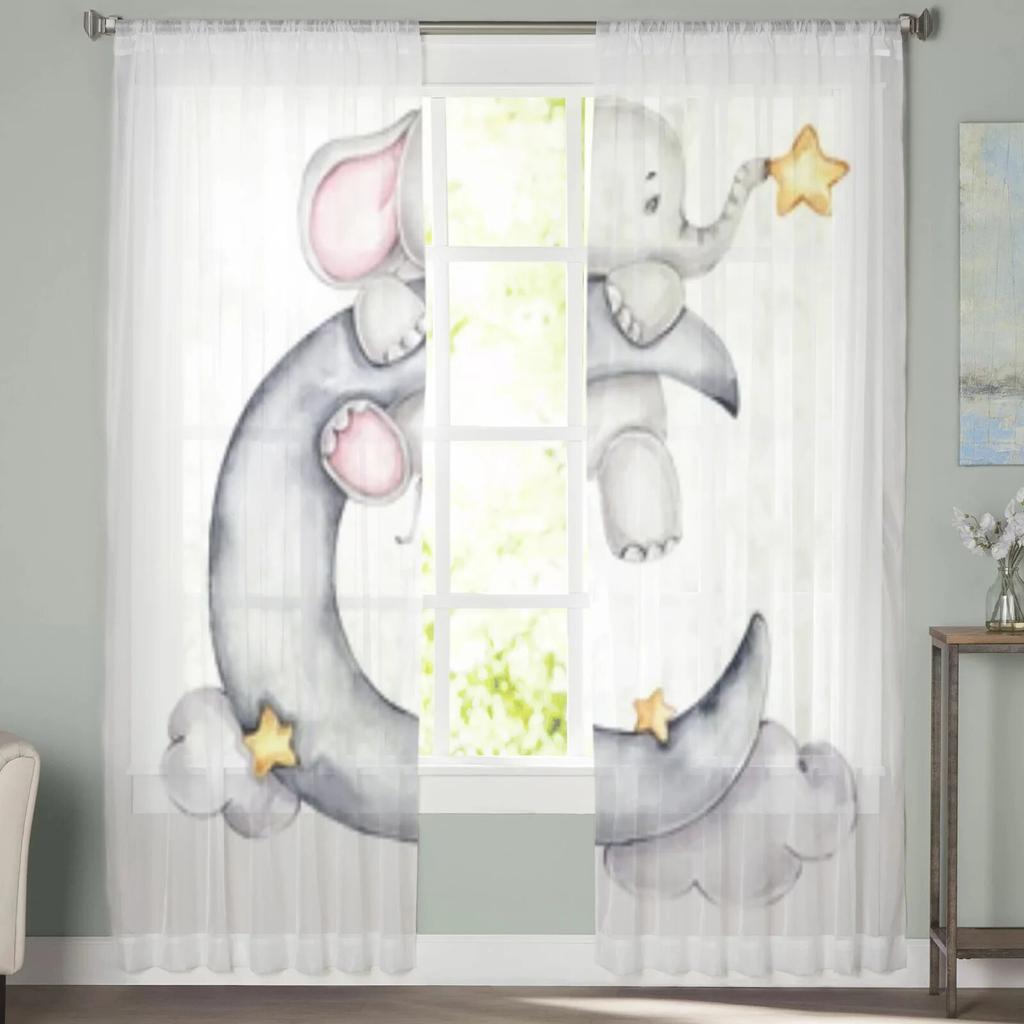 Mały Słoń z Gwiazdą i Księżycem Przezroczyste Zasłony do Okna w Salonie Transparentna Woalowa Tiulowa Zasłona Zasłony do Sypialni