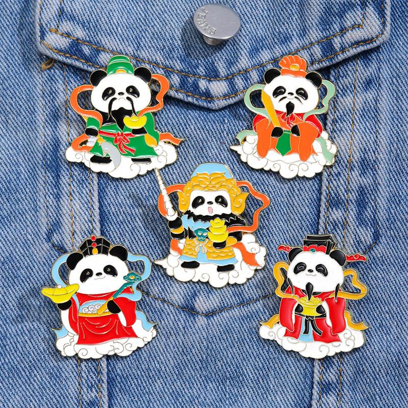 Chinese Style Alloy Enamel Brooch, Five Gods of Wealth Cartoon Pattern, New Year Chinese New Year Decorative Lapel Pin Badge for Gift