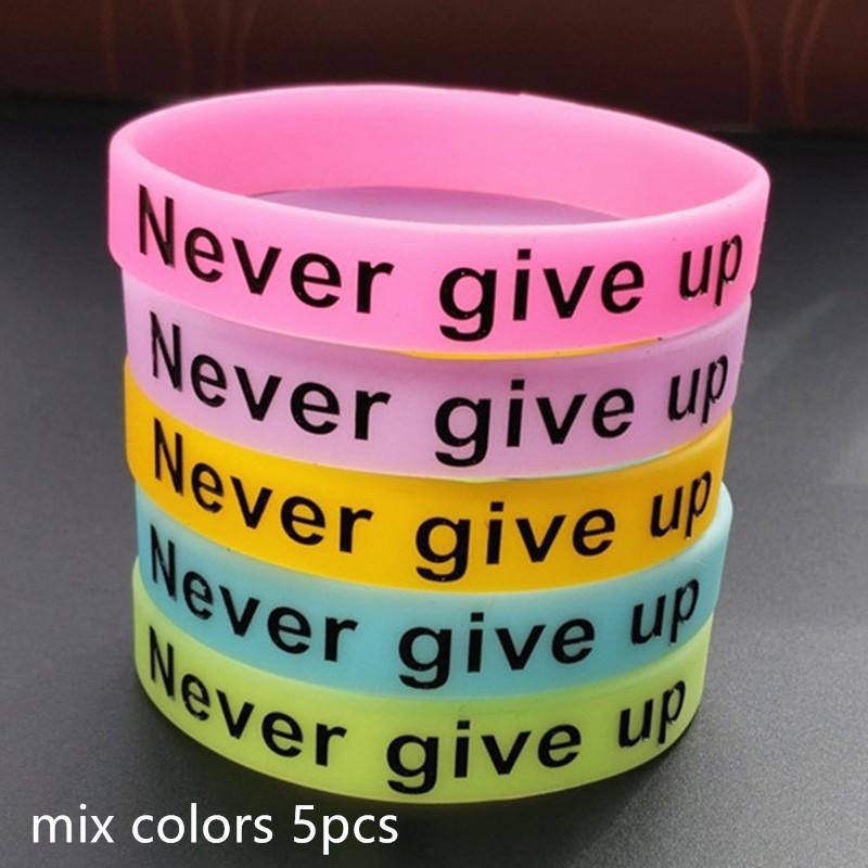 5pcs Never Give Up Luminous Rubber Bracelet Men Women Friendship Silicone Wristband Teens Motivational Sport Cuff Bangle Gifts