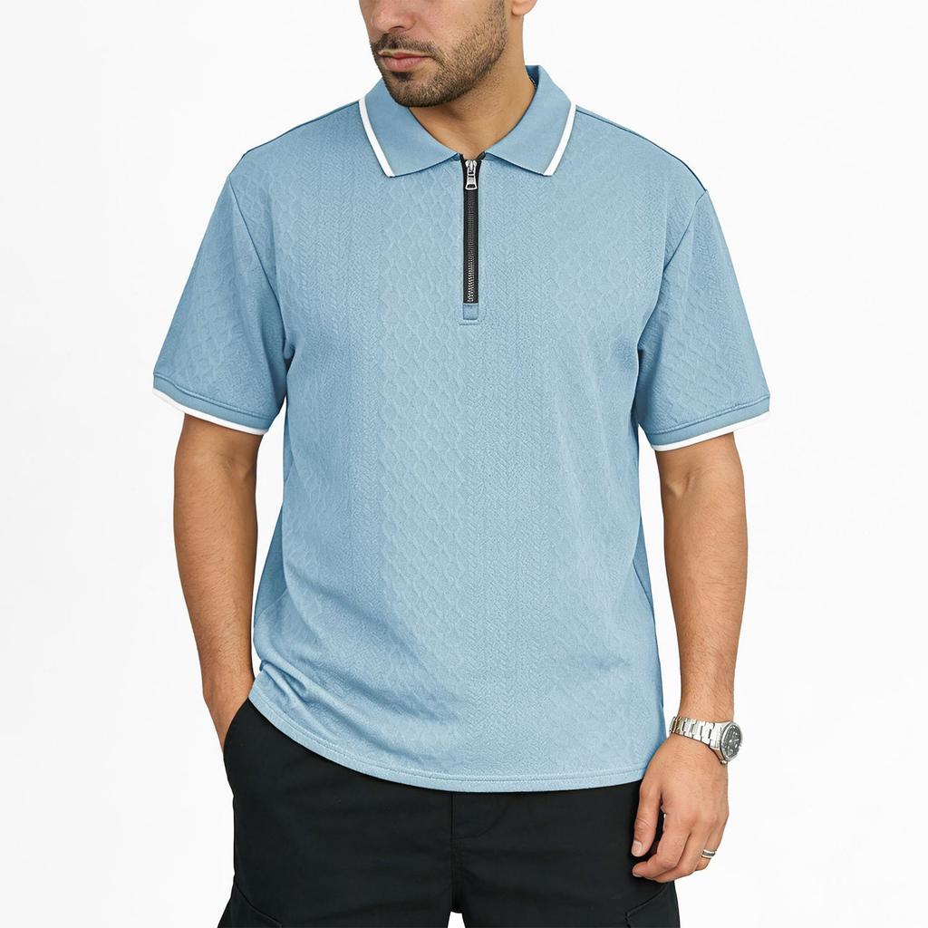 Men's Short Sleeve Polo Shirt with Zipper Collar Classic Fit Lightweight Knit Top for Everyday Wear