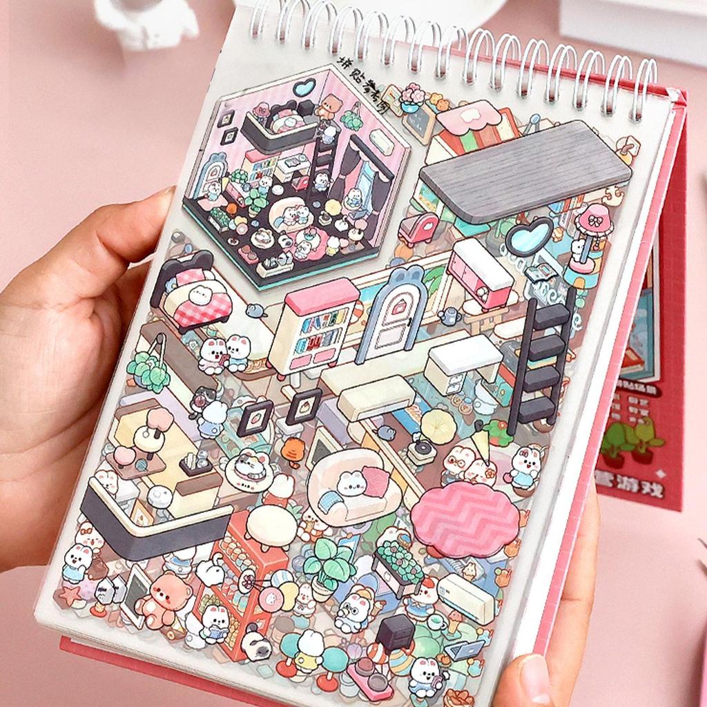 Miniature Scene Sticker Book Cartoon Stickers 3D House Miniature Scene Landscape Sticker Stacking Pasting Festival Birthday Gift