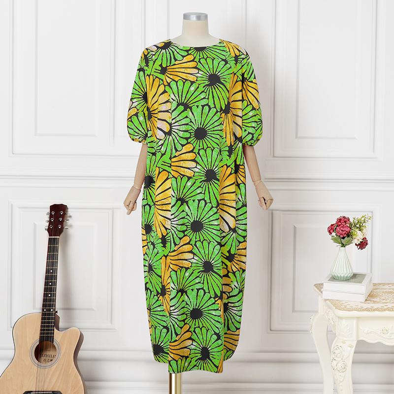 

Свободное женское платье-фонарик с коротким рукавом и цветочным принтом, повседневное свободное длинное платье M зелёный