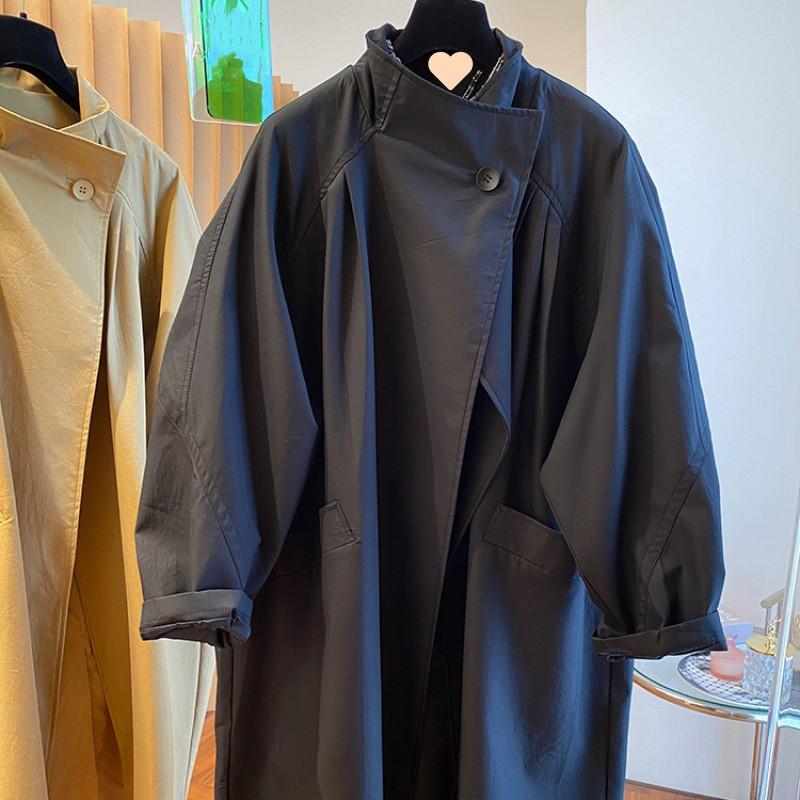 Women's Spring Stand Collar Plus Size Casual Oversized Trench Coat Mid-Length Solid Color Minimalist Elegant Commuter Jacket