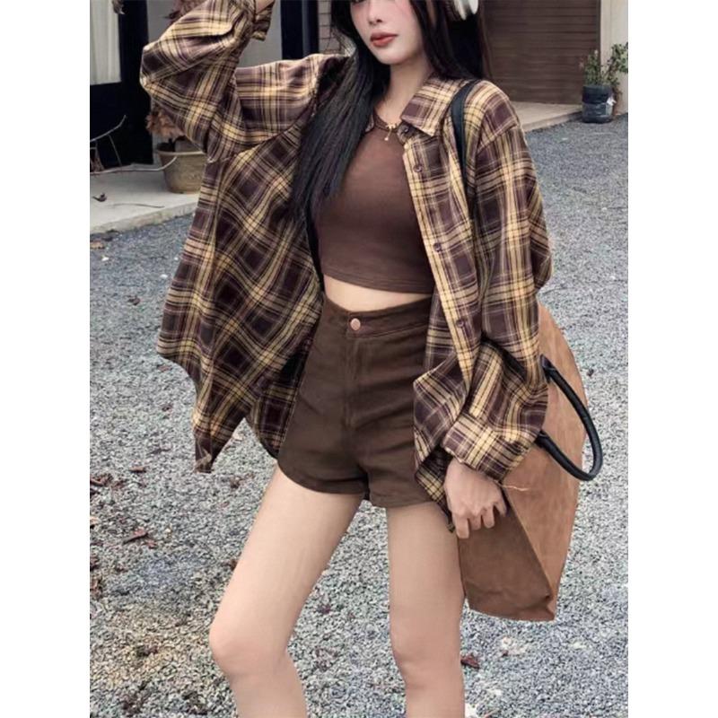 Plaid Shirt Women's Long Sleeve Top Spring and Autumn Korean Loose Retro Lazy Cardigan Shirt Jacket