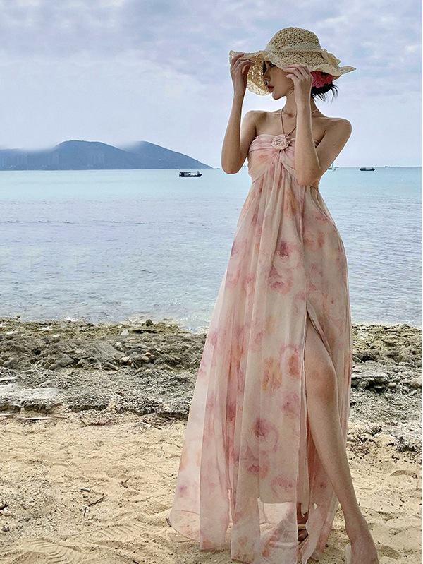 

In-Stock 3D Floral Halter Neck Backless Chiffon Maxi Dress Small
