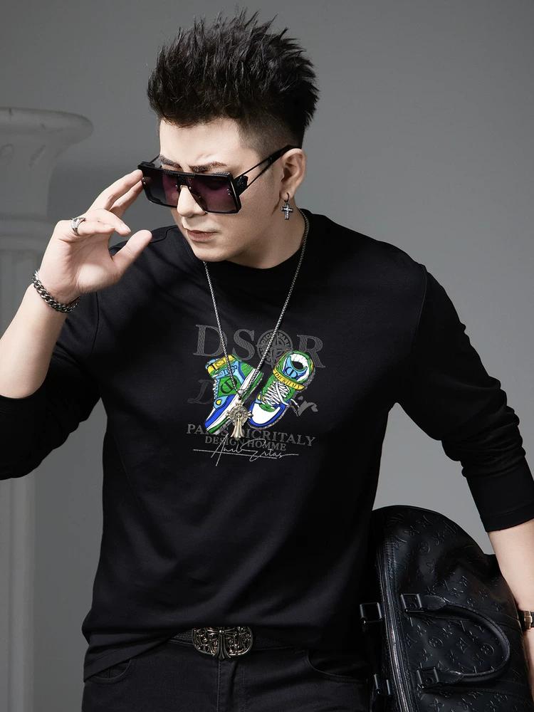 

European Style Trendy Letter Print Long-Sleeve T-Shirt for Men 2025 Autumn New Round Neck Casual Top Men s T-Shirt XL чёрный