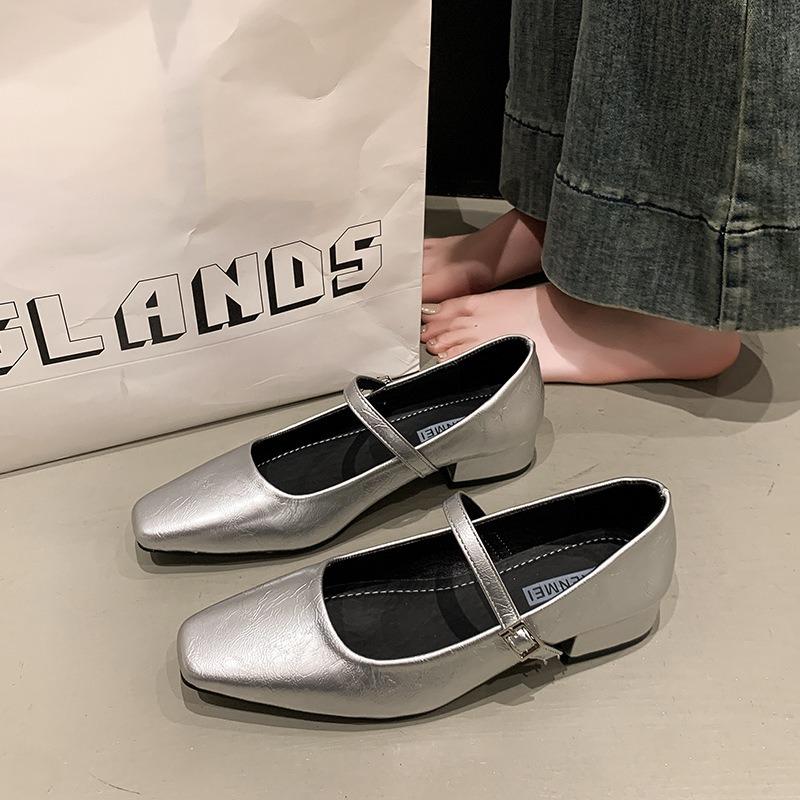 Mary Jane Shoes Women's Spring New Spell Silver Square Head Thick Heel Light Mouth Single Shoes Versatile High Heels Women