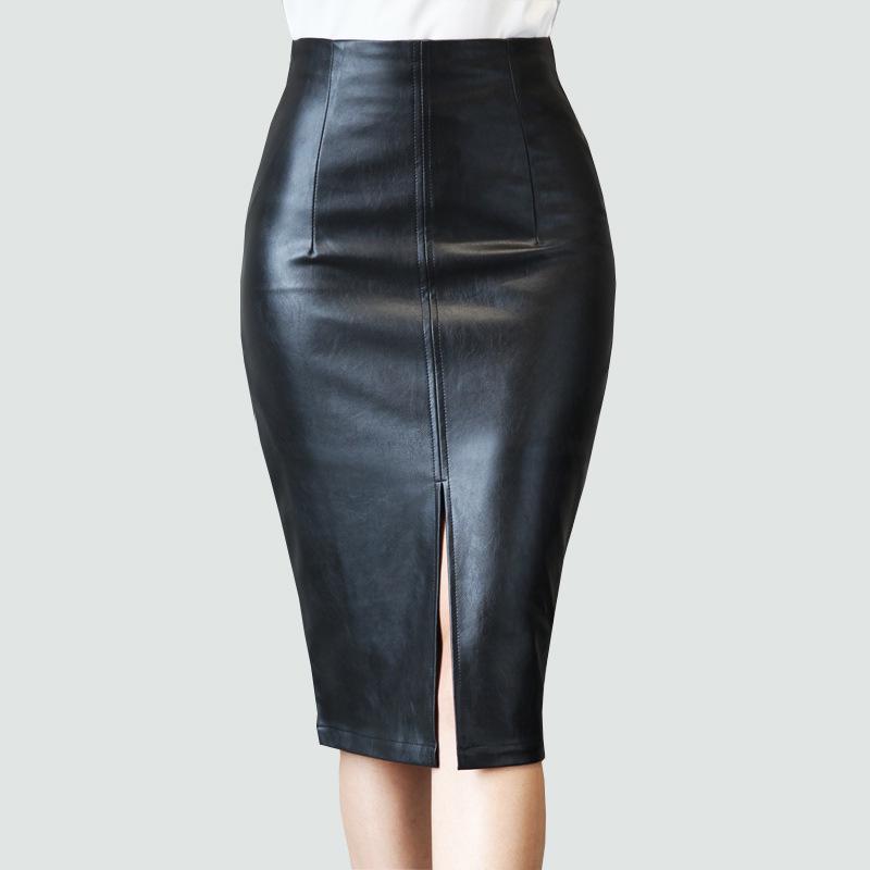 

Women s Slimming Leather Pencil Skirt - Mid-Length with Slit Medium чорний