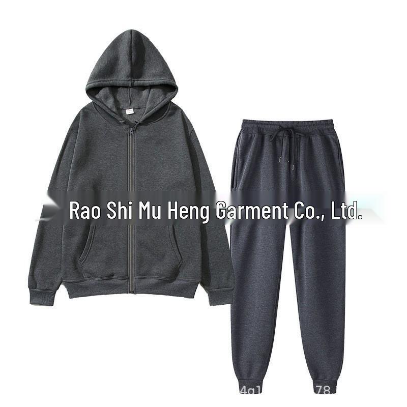Men's Solid Color Plus Velvet Hooded Sports Set - Zipper Long Sleeve, Warm for Autumn/Winter
