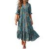 Bohemian Style V Neck Printed Short Sleeve Midi Dress with Ruffle Hem Lightweight Casual Loose Fit Summer Dress for Women