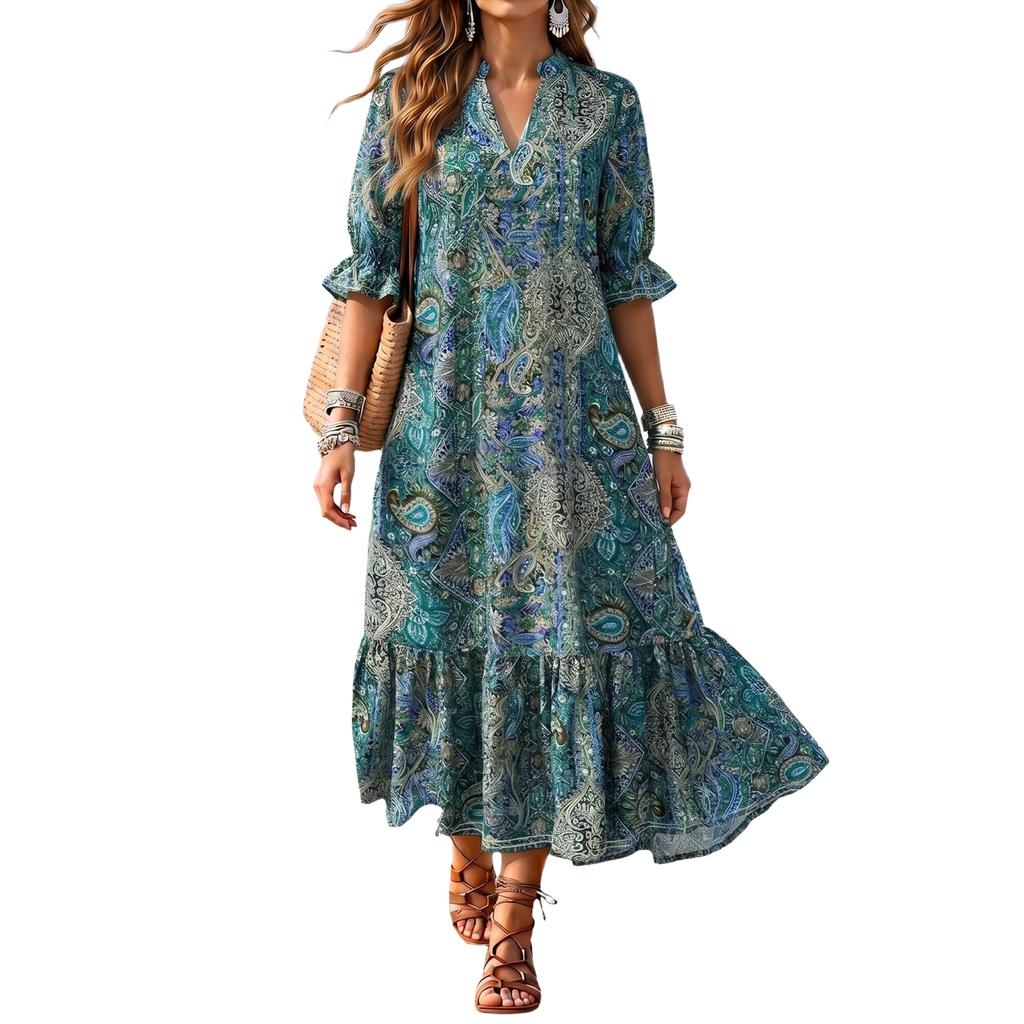 Bohemian Style V Neck Printed Short Sleeve Midi Dress with Ruffle Hem Lightweight Casual Loose Fit Summer Dress for Women