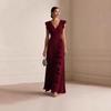 Women V Neck Sleeveless Ruffle Side Slit Maxi Dress Solid Beige