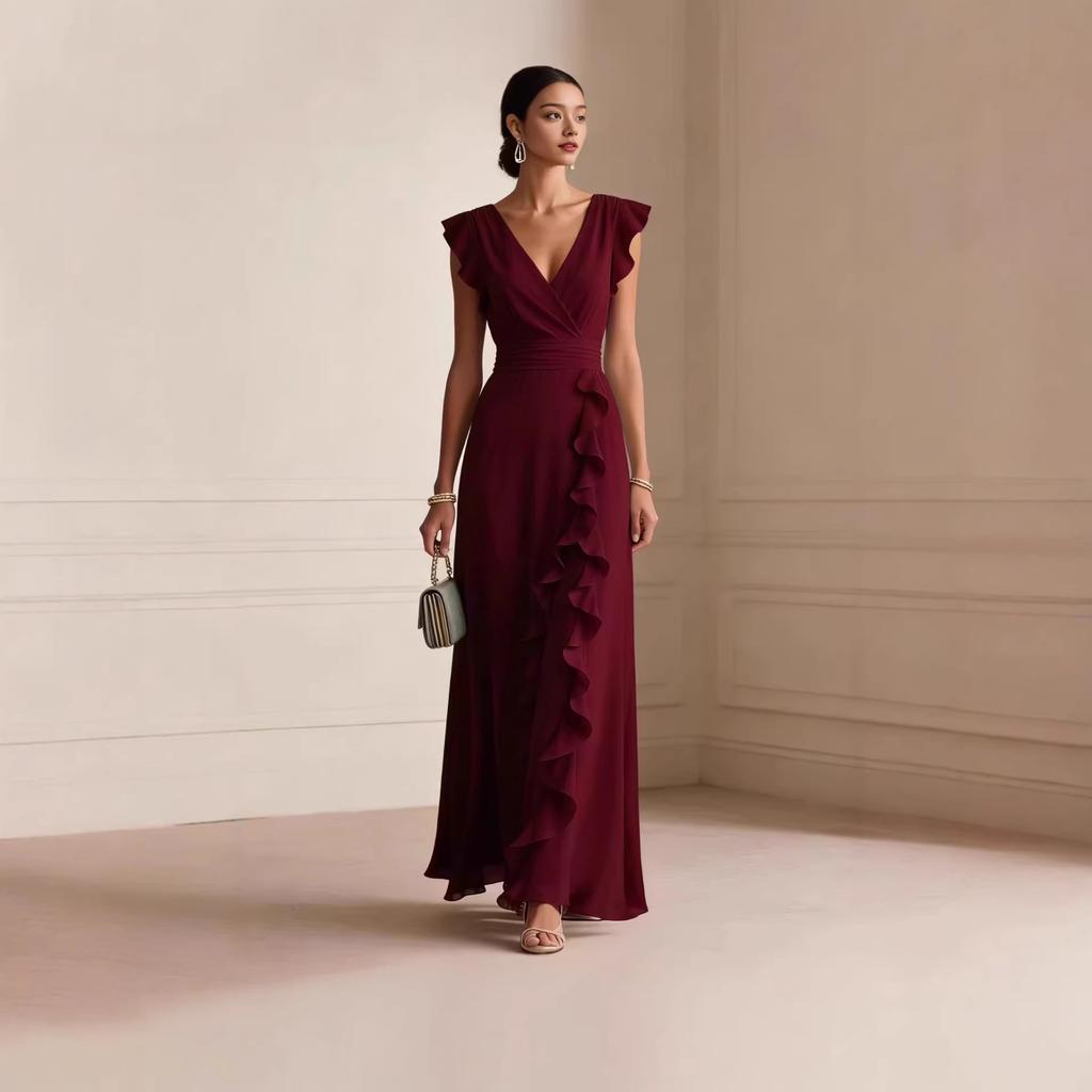 Women V Neck Sleeveless Ruffle Side Slit Maxi Dress Solid Beige