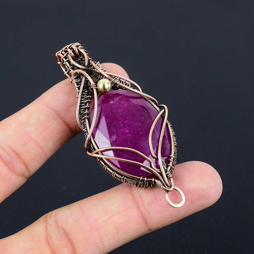 Lab-Created Ruby Gemstone Handmade Pure Copper Wire Wrapped Beautiful Jewelry Pendant