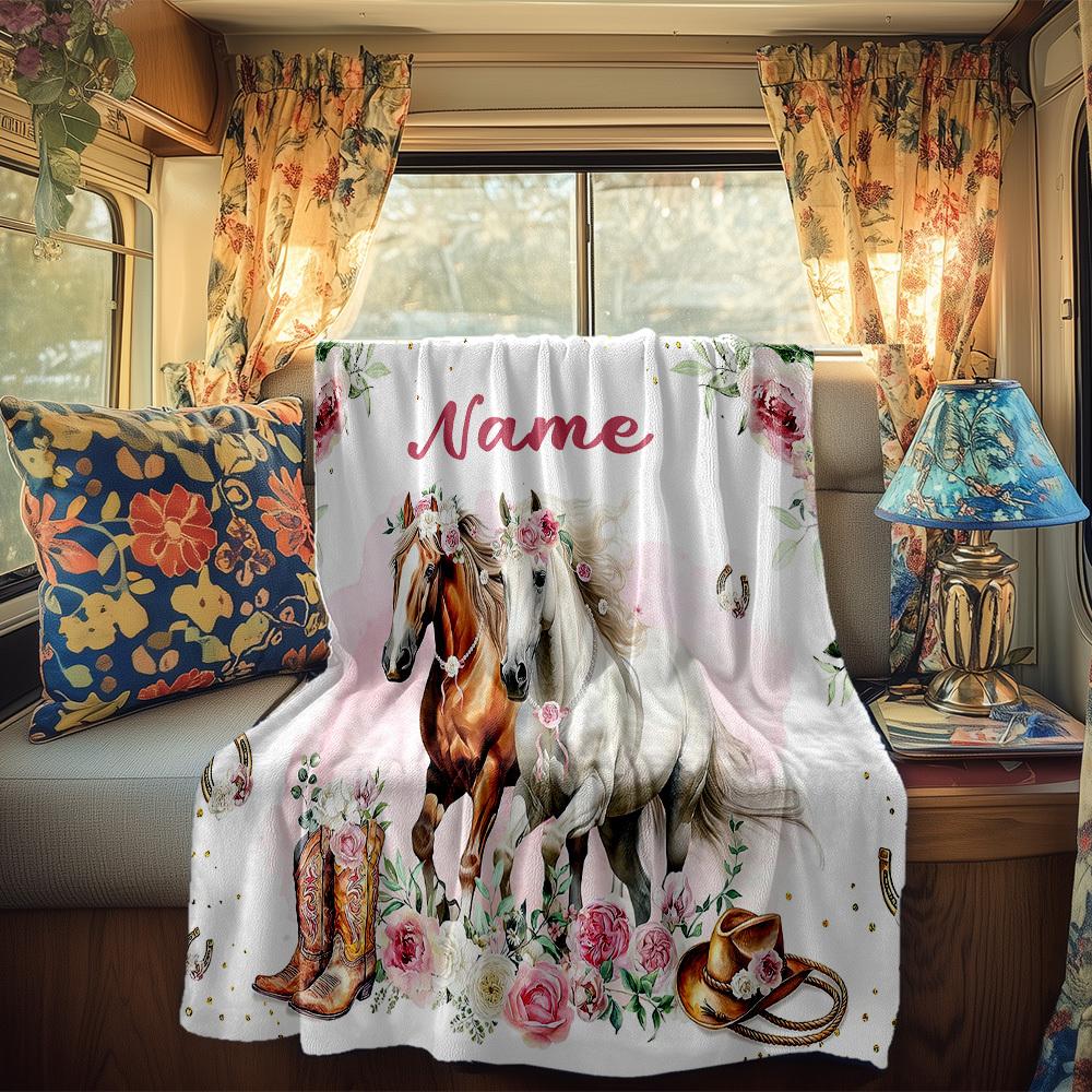 Floral Horses Customize Your Name Rv Blanket Comfortable Soft Lightweight Allseason Multipurpose Blanket For Travel Camping Picnics Sofa Rv Bed Living