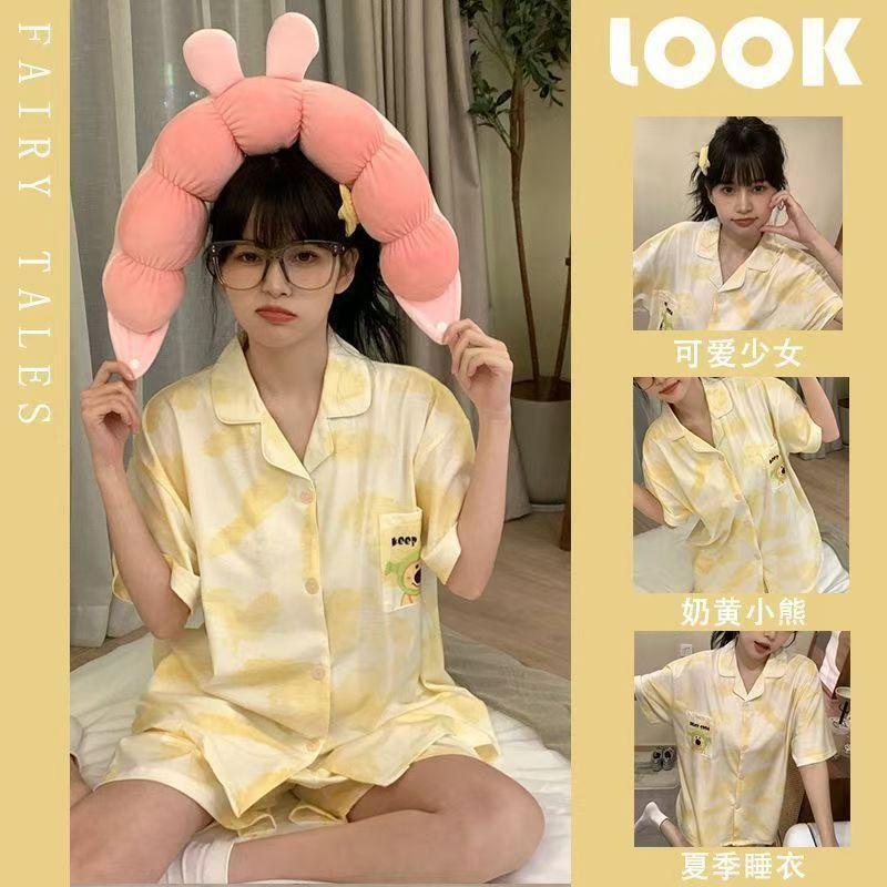 

Internet celebrity new bear girl pajamas summer short-sleeved shorts cardigan two-piece set thin breathable student loungewear S [recommended weight 35-40kg ]