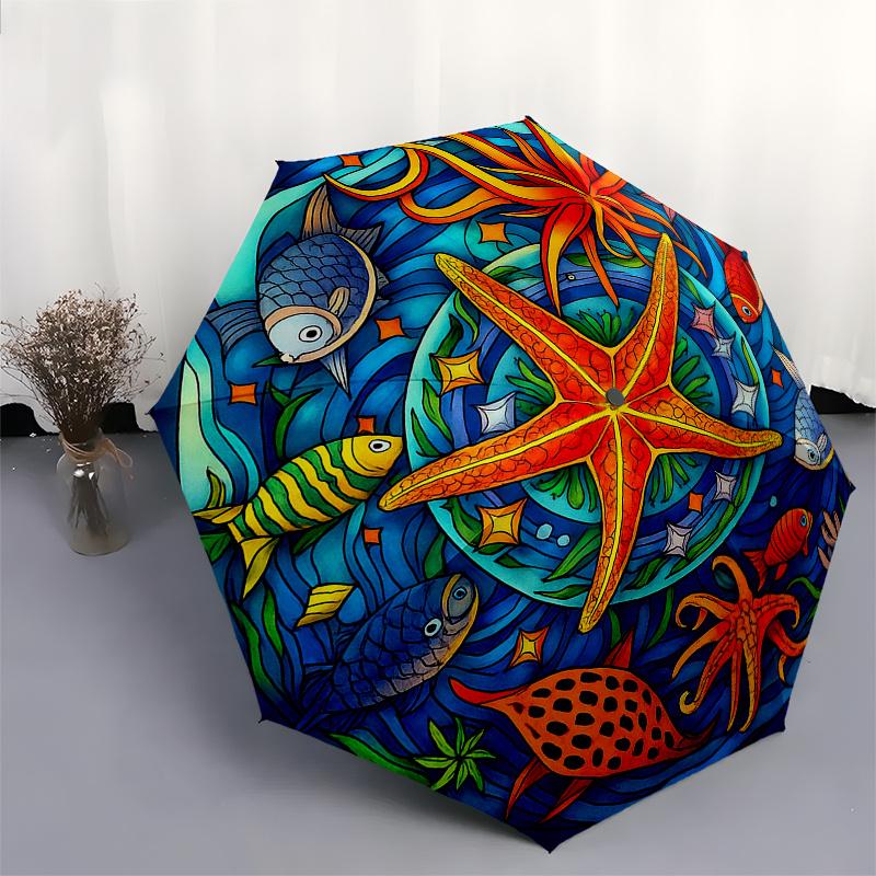 Underwater Paradise: Vibrant Sea Life Stained ArtworkUmbrella, Portable 3-Fold Compact Umbrella for Men & Women Gift