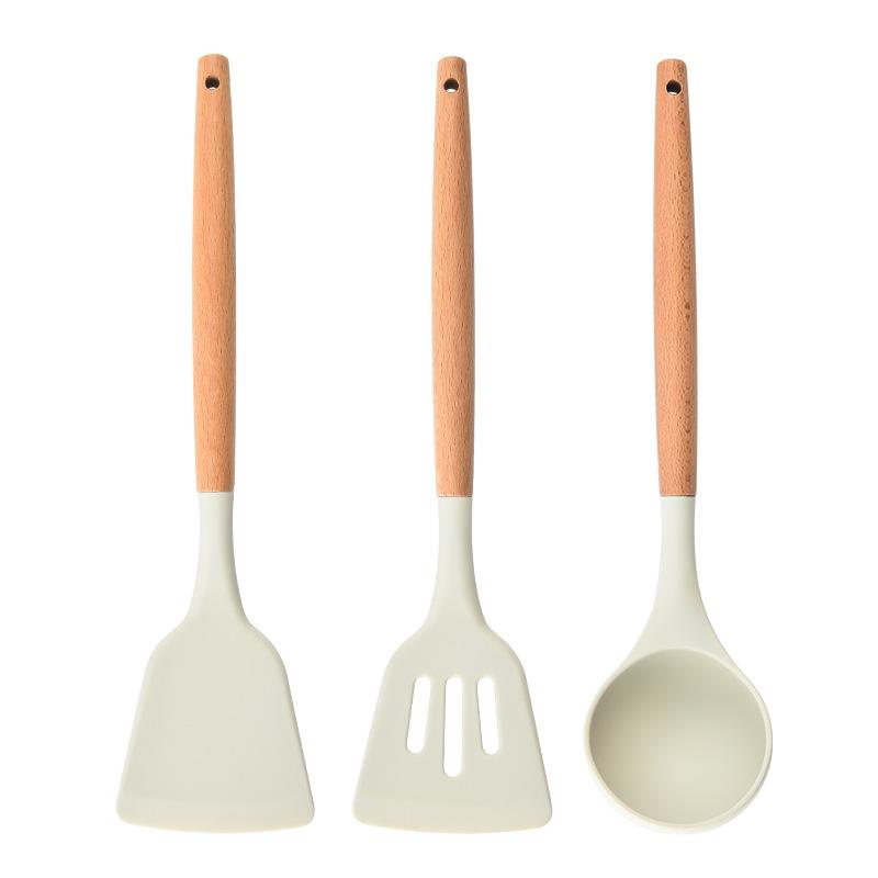 Home Cooking Spoon Frying Spatula Silica Gel Kitchen Tools Wooden Handle Silica Gel Spatula High Temperature Pot Spatula