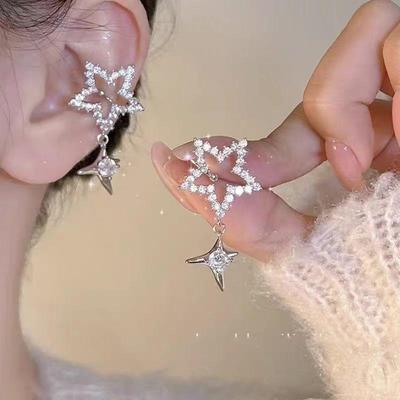 Shining Twin Stars Diamond Ear Cuff - No Piercing, Slimming Face Effect, Fashionable & Sweet Korean-Japanese Style