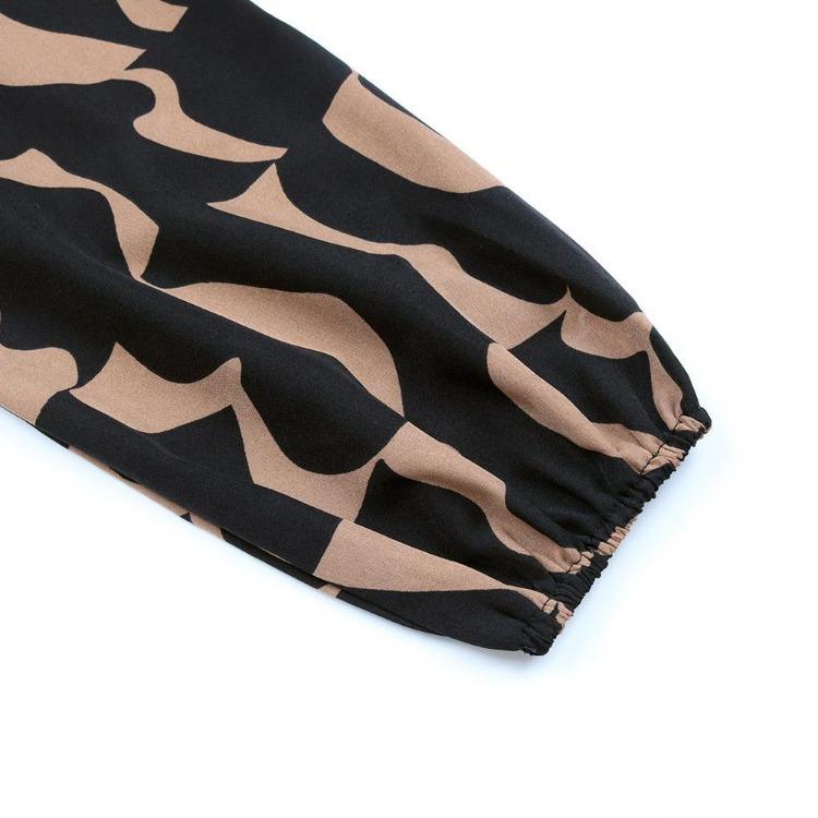 Autumn Winter Women Elegant V Neck Long Sleeve High Waist A Line Knee Length Casual Print Dress