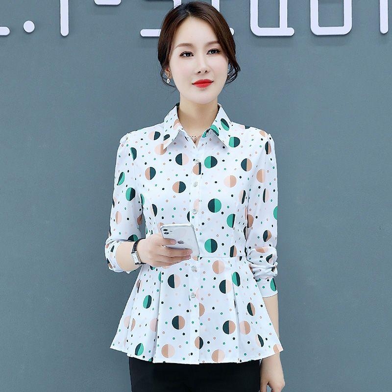 Women Clothing Polka Dot Printed Blouse Commute Long Sleeve Korean Single-breasted  Polo-Neck Fashion Shirt