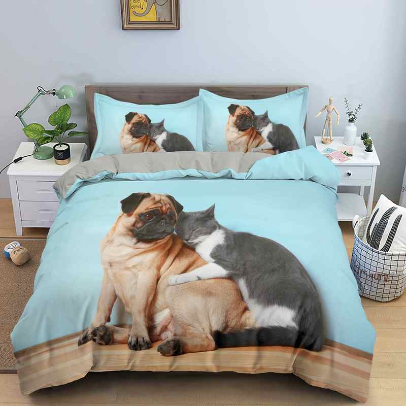 Dog Cat King Queen Duvet Cover Pet Kitty Puppy Bedding Set For Kids Teens Adults Lovely Animals Blue Soft 2/3pcs Quilt Cover