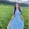Beautiful travel vacation dress summer backless small fly sleeves lace-up floral dress waist thin long dress