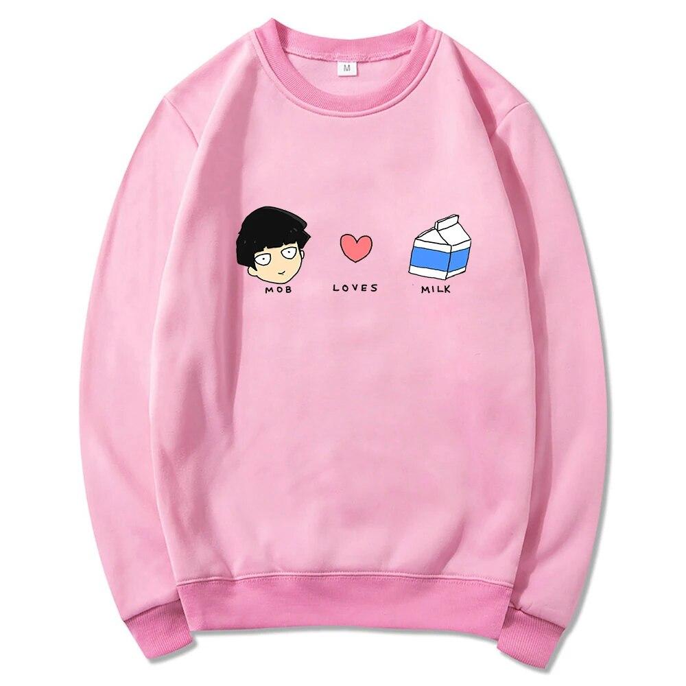 Anime Mob Psycho 100 Mob Loves Milk Hoodies Winter Unisex/women Tops Crew Neck Hoodie Autumn Sweatshirt Vintage Harajuku Sudaderas