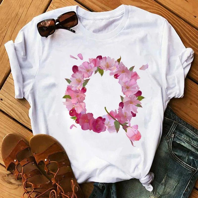 26 Letters Print T-Shirt Alphabet with Pink Flower Harajuku White Graphic Tee Casual Short Sleeve Lady Y2k Tops Women's Clothing