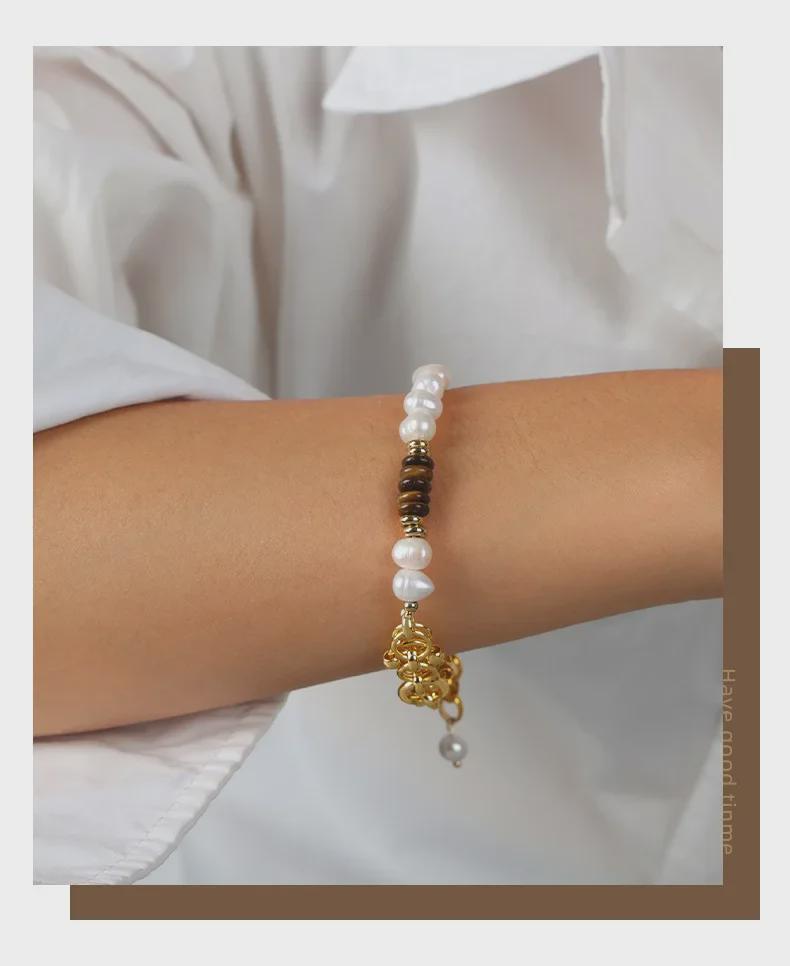 Europejski i Amerykański Styl Pałacowy Kamień Tygrysie Oko i Perła Słodkowodna Ręcznie Robiony Naszyjnik Bransoletka