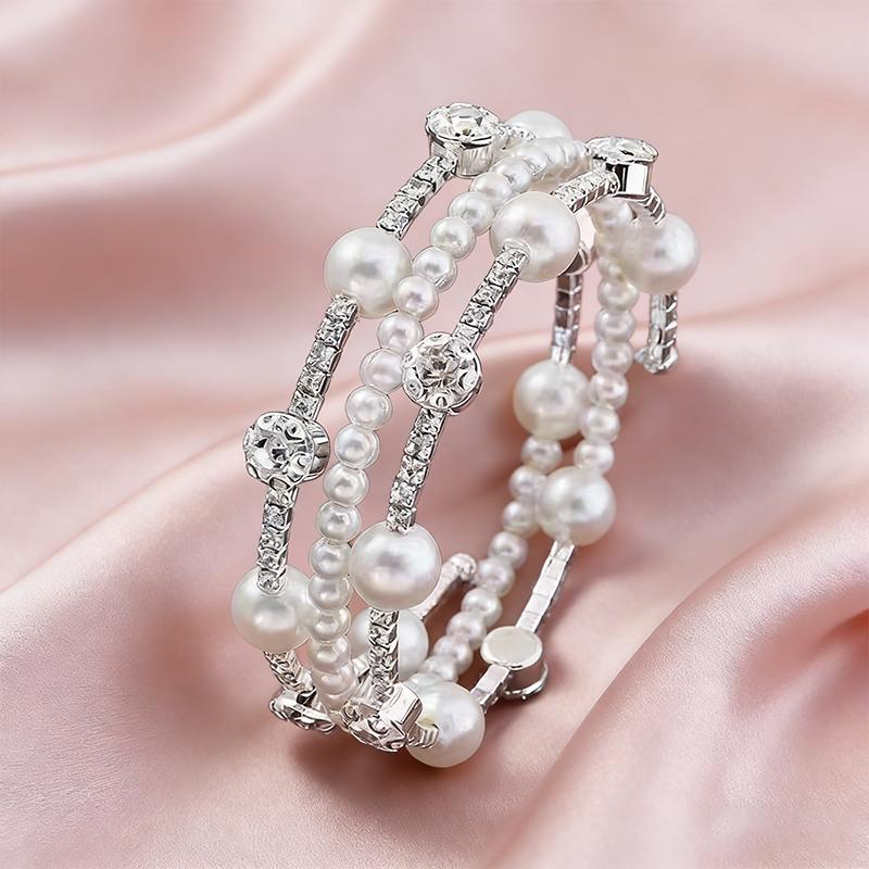Multiple Shining Rhinestone Crystal Bracelet Pearl Cubic Zirconia Hand Wrist Bracelet Women Wedding Jewelry