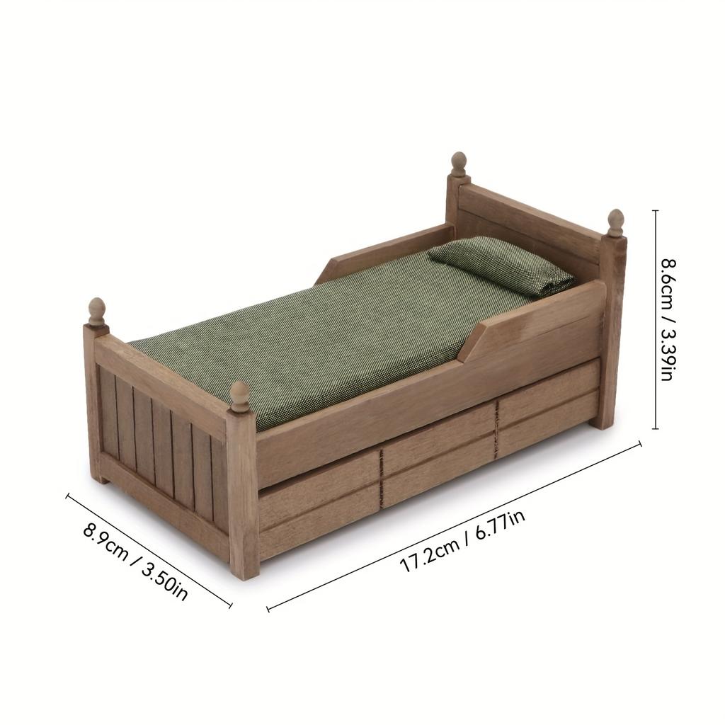 1set Miniature Bed with Drawer-1:12 Wooden Furniture-Bedroom Bedding Furniture Accessories with Pillow & Mattresses-Vintage Mini House Decoration