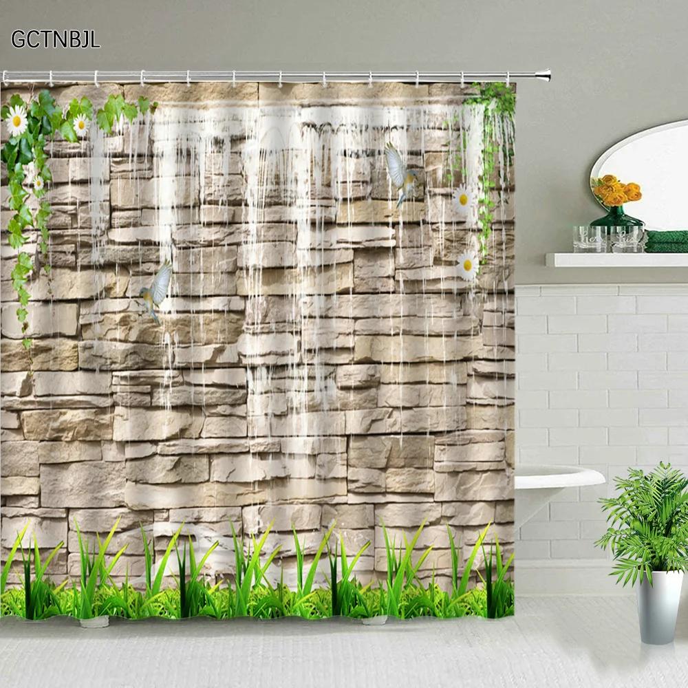 Flowers Green Plants Shower Curtains Set Bathroom Decor Garden Background Wall Hanging Cloth Washable Bathtub Screen With Hooks