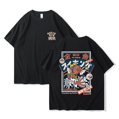 Red Koi Print Short Sleeved Harajuku Hip-hop Streetwear Shirt Summer 100% Cotton Men's and Women's Shirt