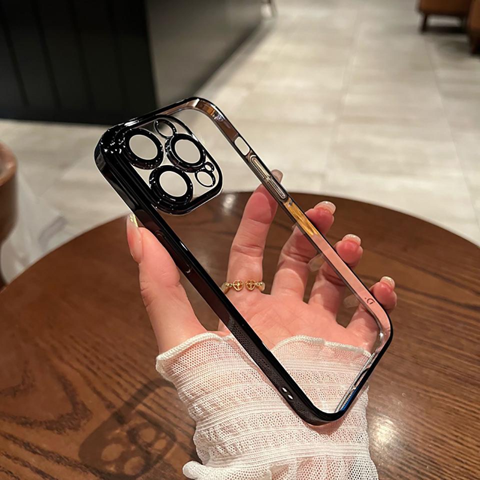 Luxury Plating Clear Case For iPhone 15 13 12 11 14 Pro Max Mini X XR XS 7 8 14 15 Plus SE Cover With Lens Protector Accessories