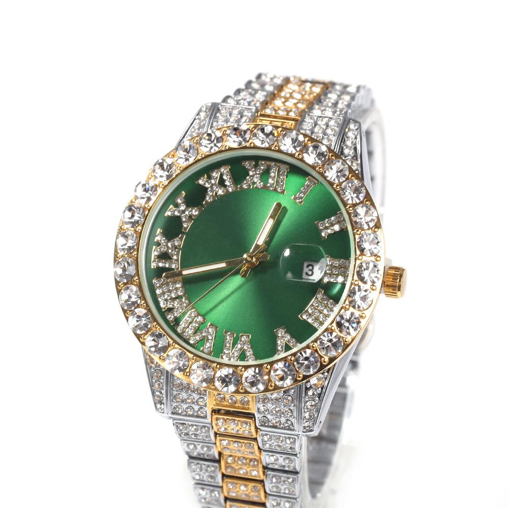 Roman Numerals Diamond-encrusted Men's Watch Trendy Brand Green-faced Large Dial Quartz Watch, One Piece Is Sent On Behalf of Others.
