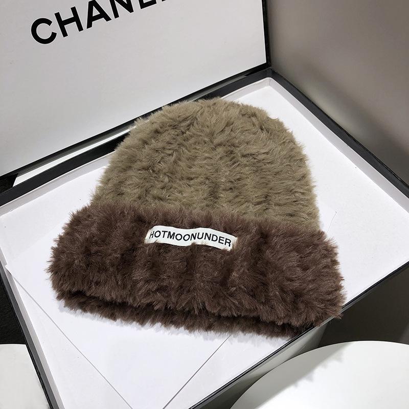 Women's Korean Contrast Color Plush Winter Hat with Ear Protection - Warm Wool Knit, Small Face Design