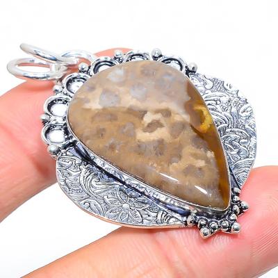 Natural Fossil Coral Gemstone Handmade 925 Sterling Silver Pendant 2.17" h3E00