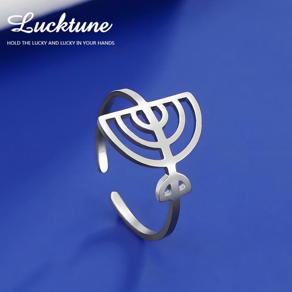 Lucktune Judaism Menorah Rings for Women Stainless Steel Star of David Candle Holder Open Rings Hanukkah Chanukah Jewelry Gifts