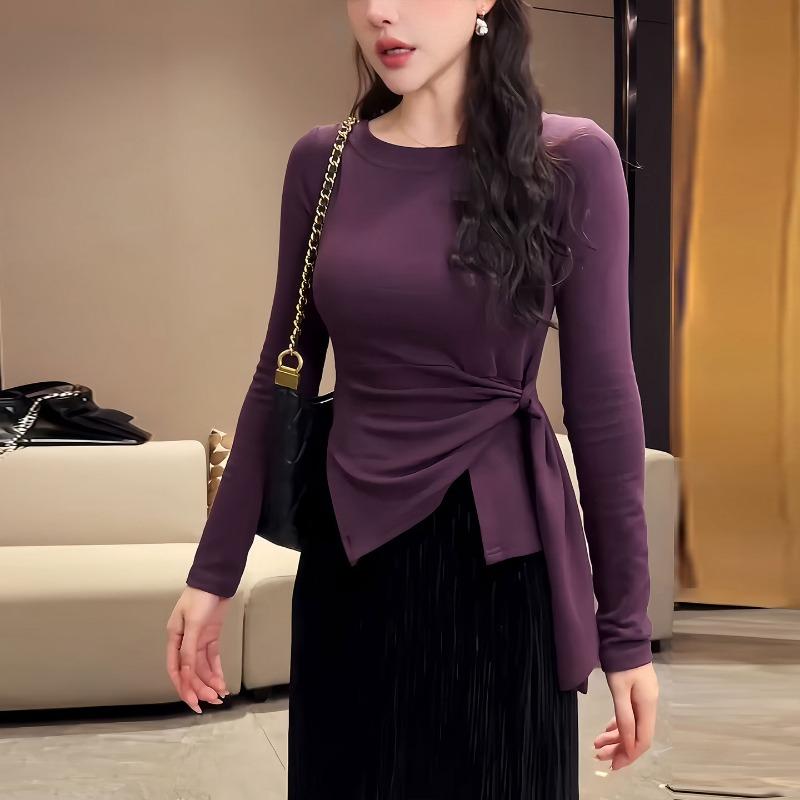 Ранняя осень Корейский стиль Дизайн Ремень Талия Универсальный Стройнящий Длинный рукав Футболка Женский Однотонный Топ M фиолетовый