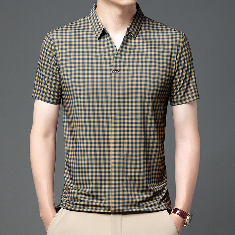 Nuova Polo a Maniche Corte a Quadri Senza Cuciture e Senza Stiro da Uomo Estiva Casual da Uomo T-shirt con Risvolto da Uomo