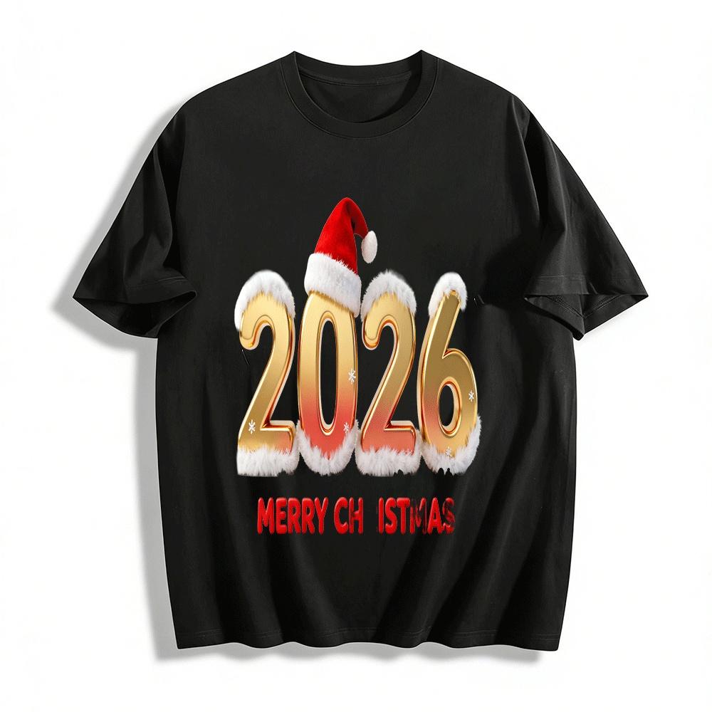 Merry Christmas 2026 Gold Plush Trim Graphic Print Casual Top Pure cotton T-shirt XXS
